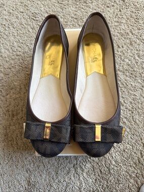 Michael Kors Dark Brown Logo Bow Ballet Flats with Gold Accent